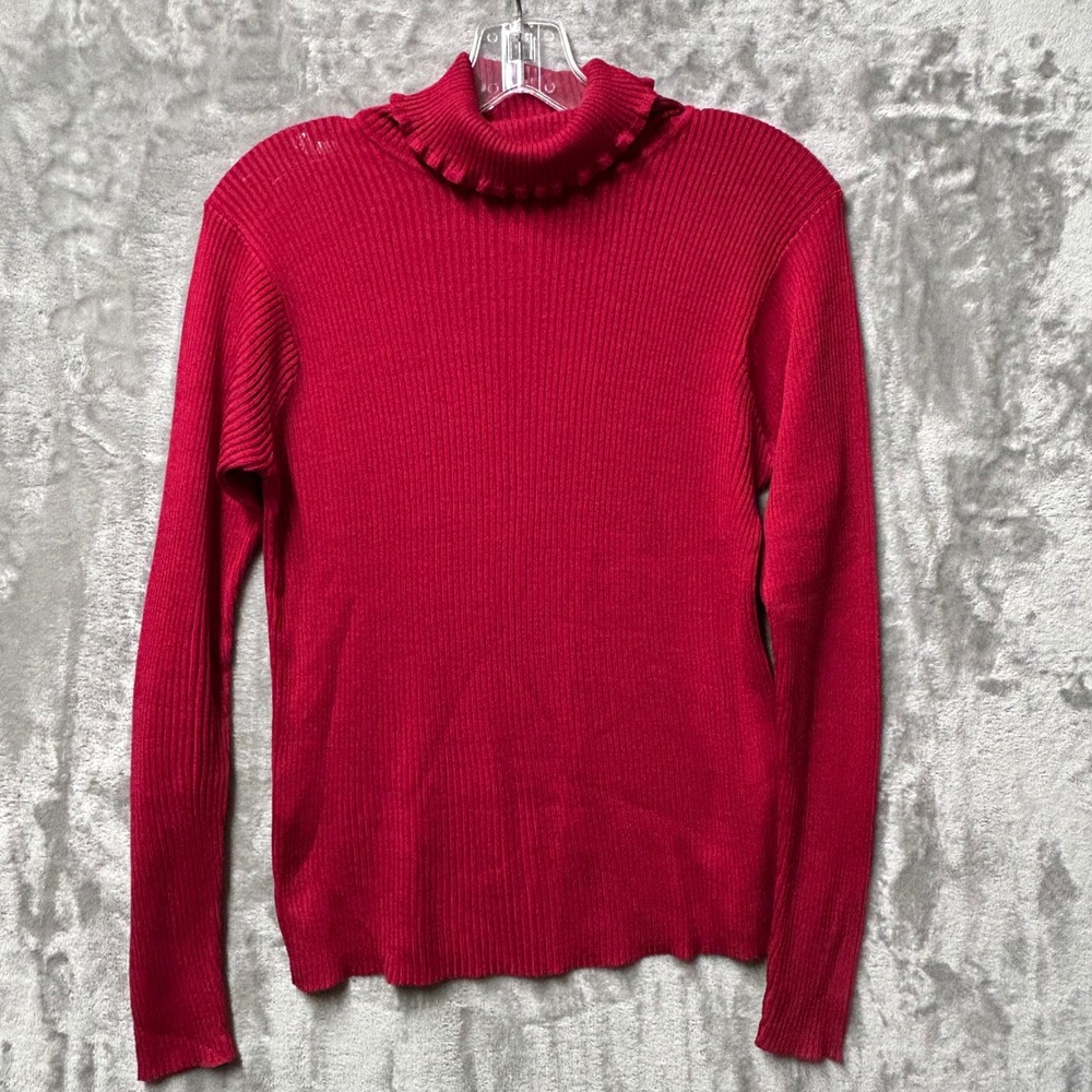 Susan Bristol Red Silk Ruffle Mock Neck Ribbed Knit Long Sleeve Top Shirt-Small?
